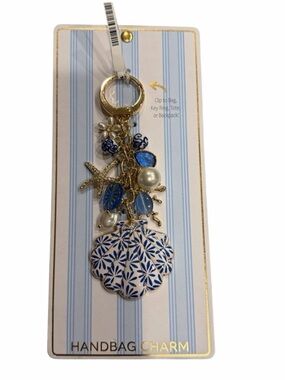 Blue & white Handbag Charm with Gold Accents shell and starfish